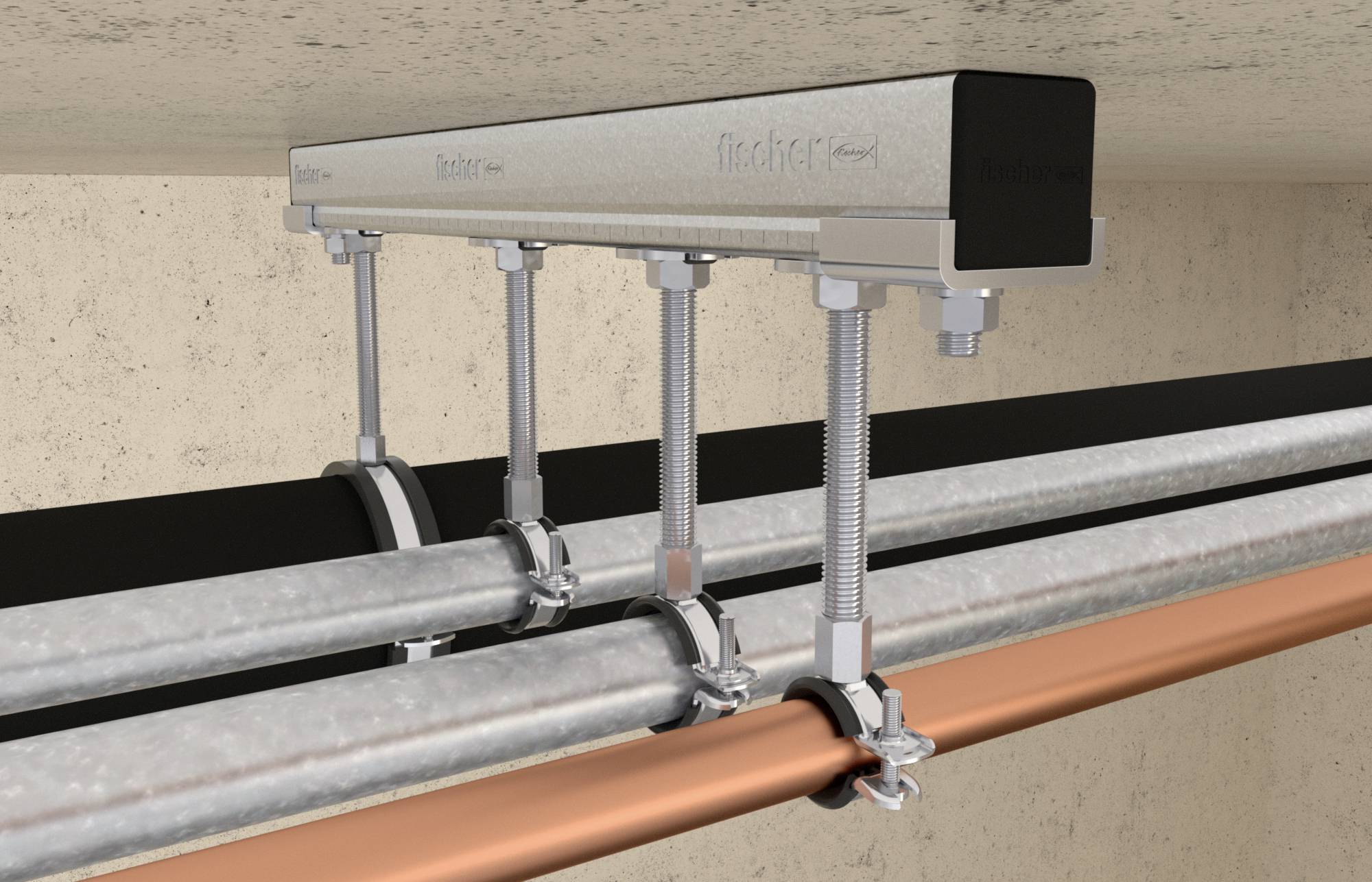 Rohrbefestigungssystem unter der Decke mit drei Rohren. Die Halterungen sind aus Metall und befestigen schwarze, graue und kupferne Leitungen.
