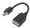 Ein schwarzes Kabel mit einem kleinen Stecker auf der einen und einem größeren Anschluss auf der anderen Seite, möglicherweise für Audio- oder Videoverbindungen.
