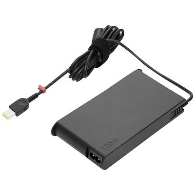 Ein rechteckiges Laptop-Netzteil mit 170W-Aufschrift und einem angeschlossenen Kabel mit gelbem und schwarzem Anschluss.