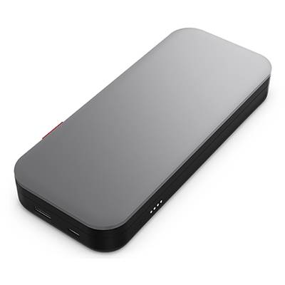 Tragbare Powerbank mit glattem, grauem Gehäuse und mehreren USB-Anschlüssen an der Unterseite. LED-Anzeige auf der Seite.