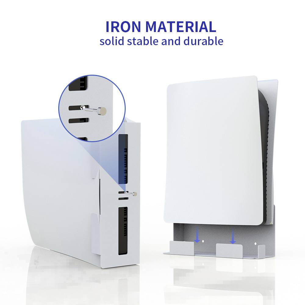 Konsole steht aufrecht auf einem vertikalen Standfuß aus Metall. Text oben: 'Iron Material - solid, stable and durable'.