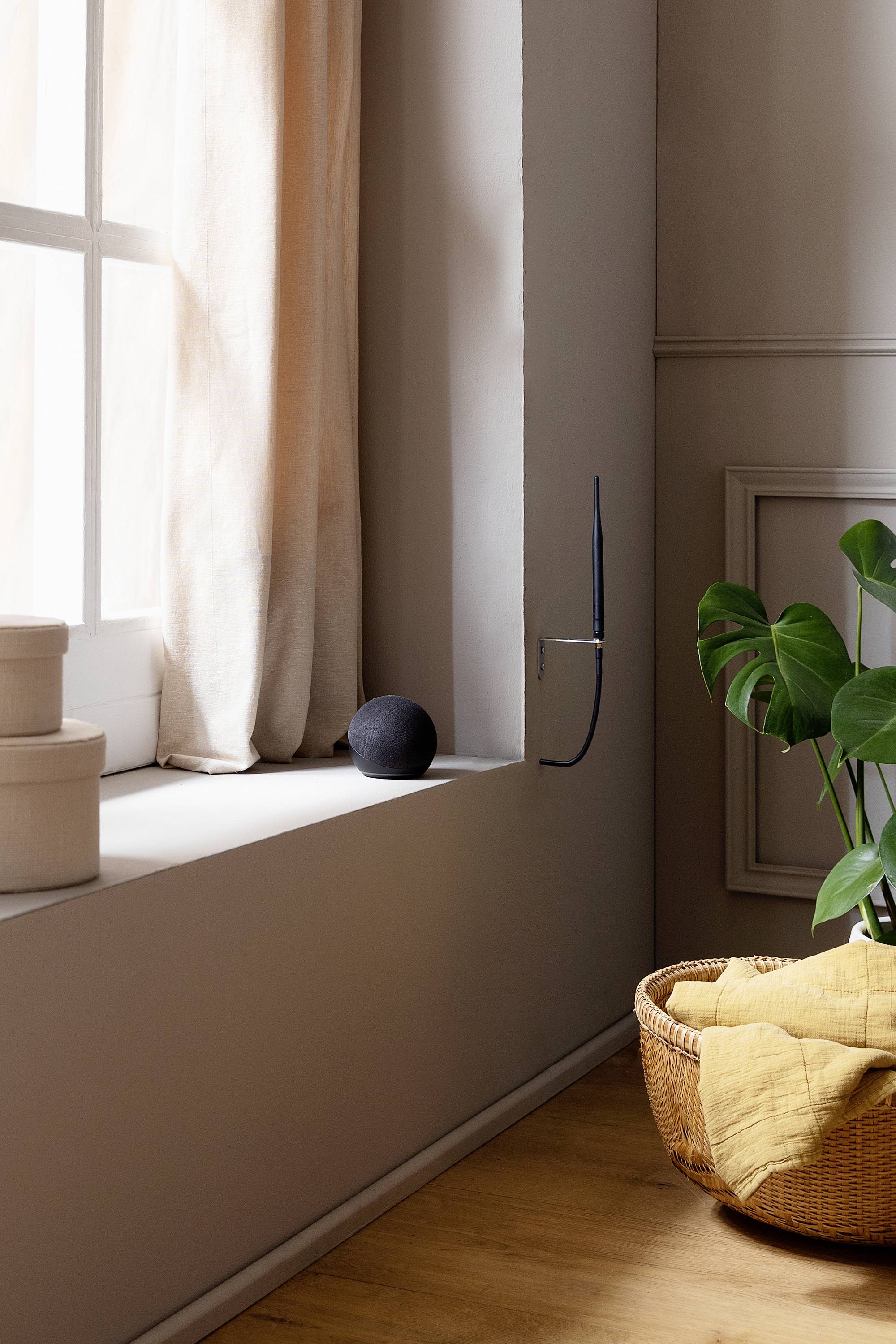 Fensterbank mit zwei runden Dosen und einer schwarzen Kugel. Vor der Wand steht ein Korb mit gelbem Stoff und eine grüne Pflanze.
