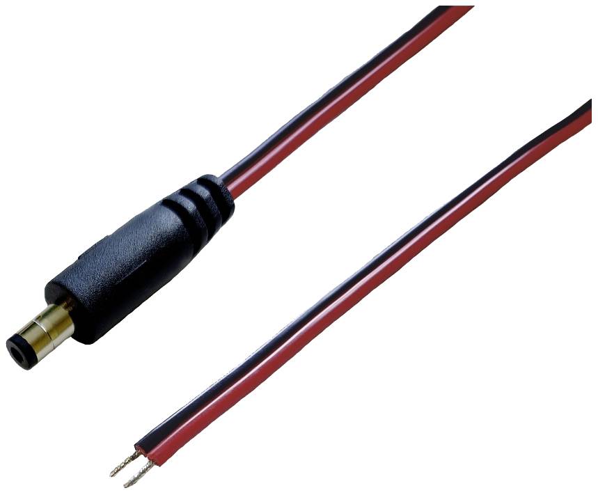 Schwarzer Gleichstrom-Stecker mit rot-schwarz isoliertem Kabel, abisoliertes Ende. Geeignet für elektronische Verbindungen.