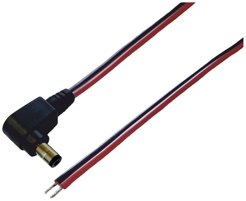 Stromkabel mit einem gewinkelten Stecker und offenem Ende. Geeignet für den Anschluss an elektronische Geräte.