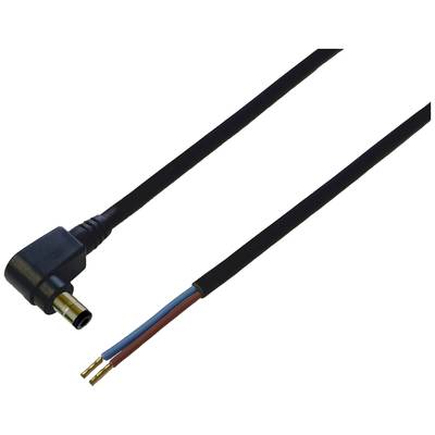 Ein schwarzes Kabel mit einem Winkelstecker auf der einen Seite und drei freiliegenden Drähten (schwarz, blau, braun) auf der anderen Seite.