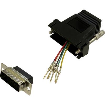 Ein VGA-Adapter in Einzelteilen. Links der Steckerteil mit Pins, rechts der Adapter mit farbigen Kabeln und Anschlüssen.