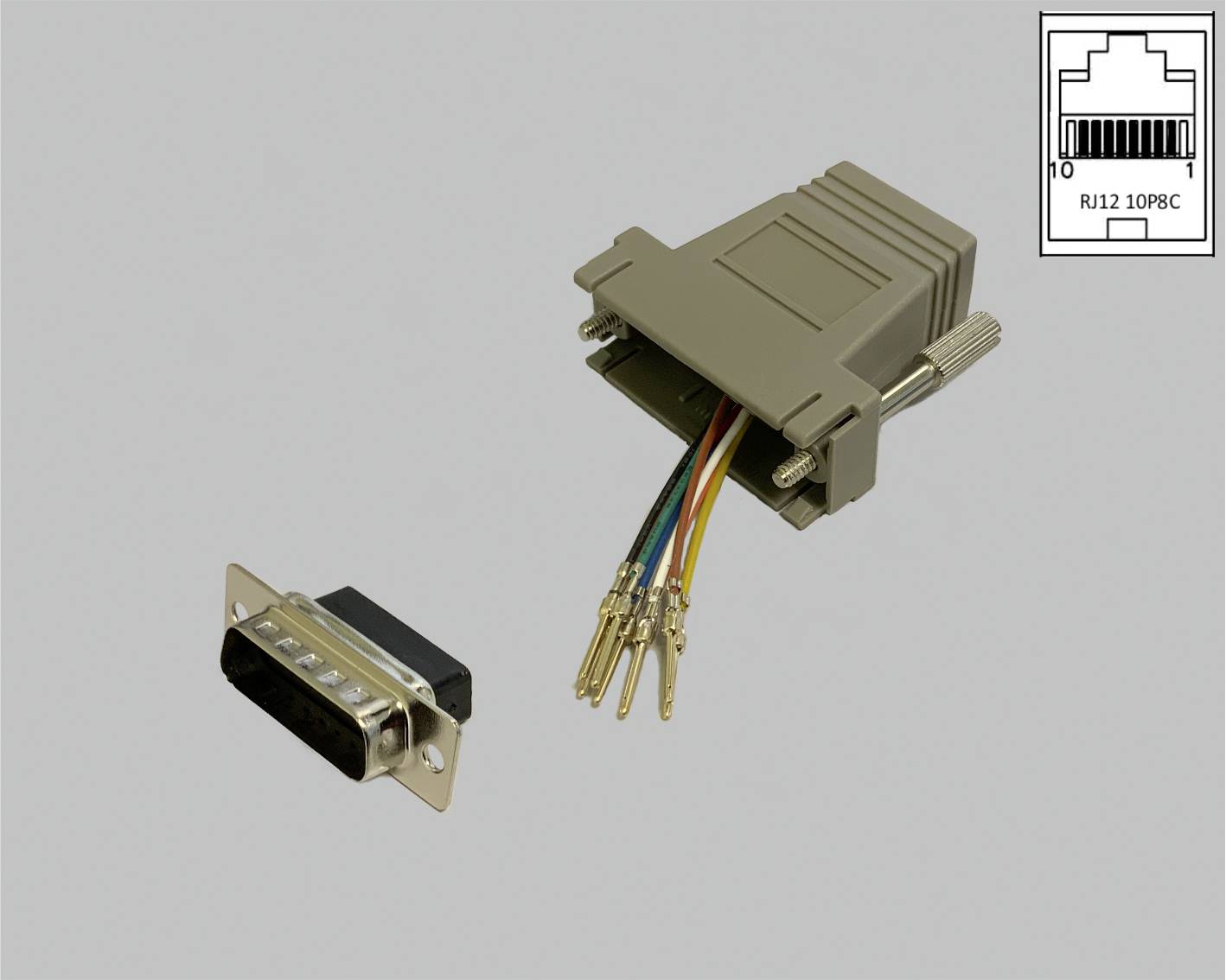 Ein offener D-Sub-Stecker mit farbigen Kabeln und daneben ein D-Sub-Stiftleiste. Rechts oben eine Skizze eines RJ12 10P8C Ports.
