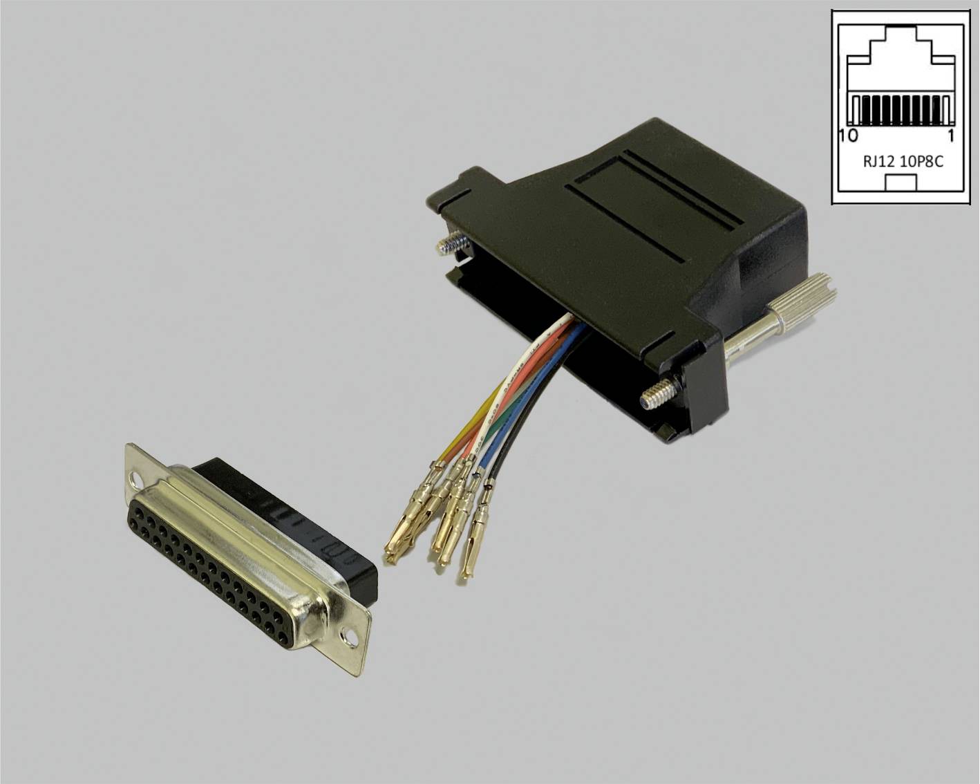Schwarz-grau Adapter für Kabelverbindungen mit offenliegenden Drähten. Kleines Diagramm zeigt RJ12 10P8C Stecker Schema.