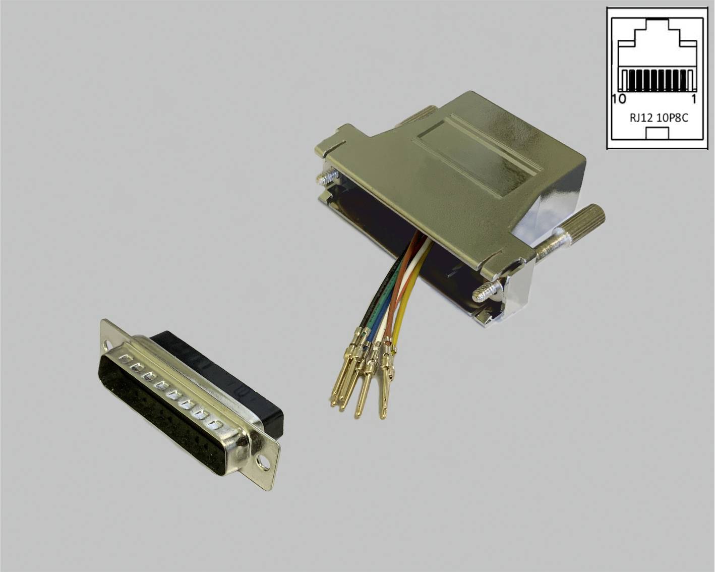 Ein Adapter mit offenen Drähten und Schaltpins neben einem DB25-Stecker. Oben rechts ein Diagramm eines RJ12 10P8C-Steckers.