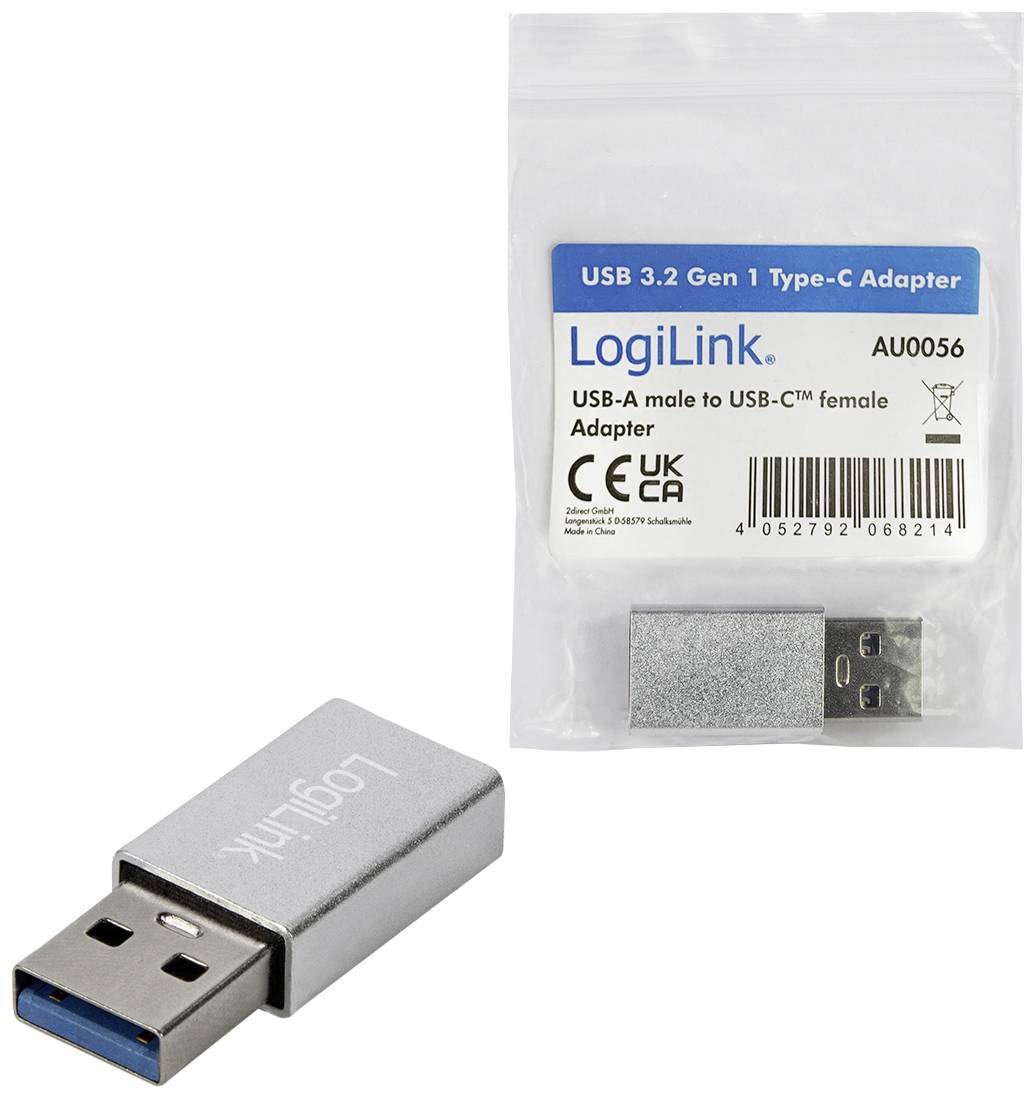 Ein USB 3.2 Gen 1 Type-C Adapter von LogiLink, Modell AU0056, gezeigt in Originalverpackung und als separates Gerät.