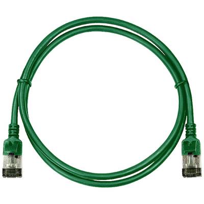 Grünes Ethernet-Kabel mit zwei RJ45-Steckern, aufgerollt zu einem Kreis.