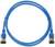 Ein blaues Ethernet-Kabel in Kreisform, zeigt die Steckverbinder an beiden Enden zur Datenübertragung in Netzwerken.