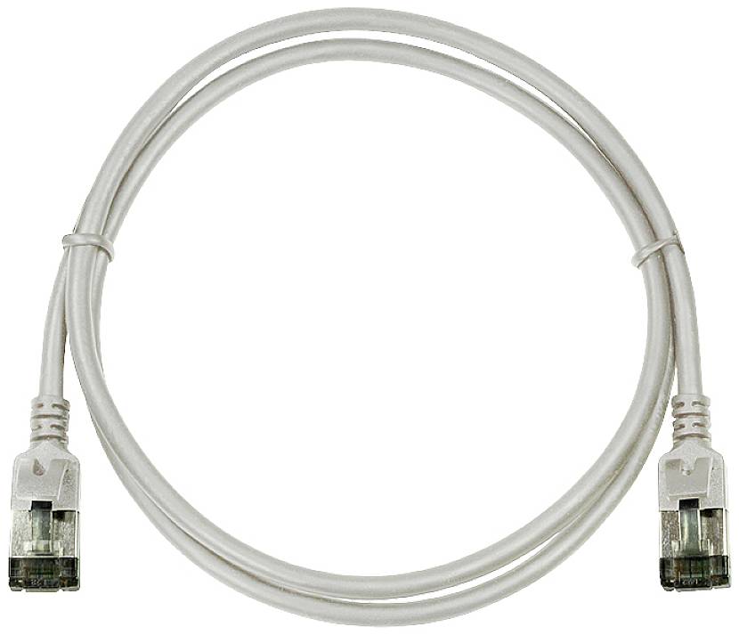 Ein weißes Ethernet-Kabel mit zwei RJ-45-Steckern an beiden Enden, geeignet für Netzwerkverbindungen.