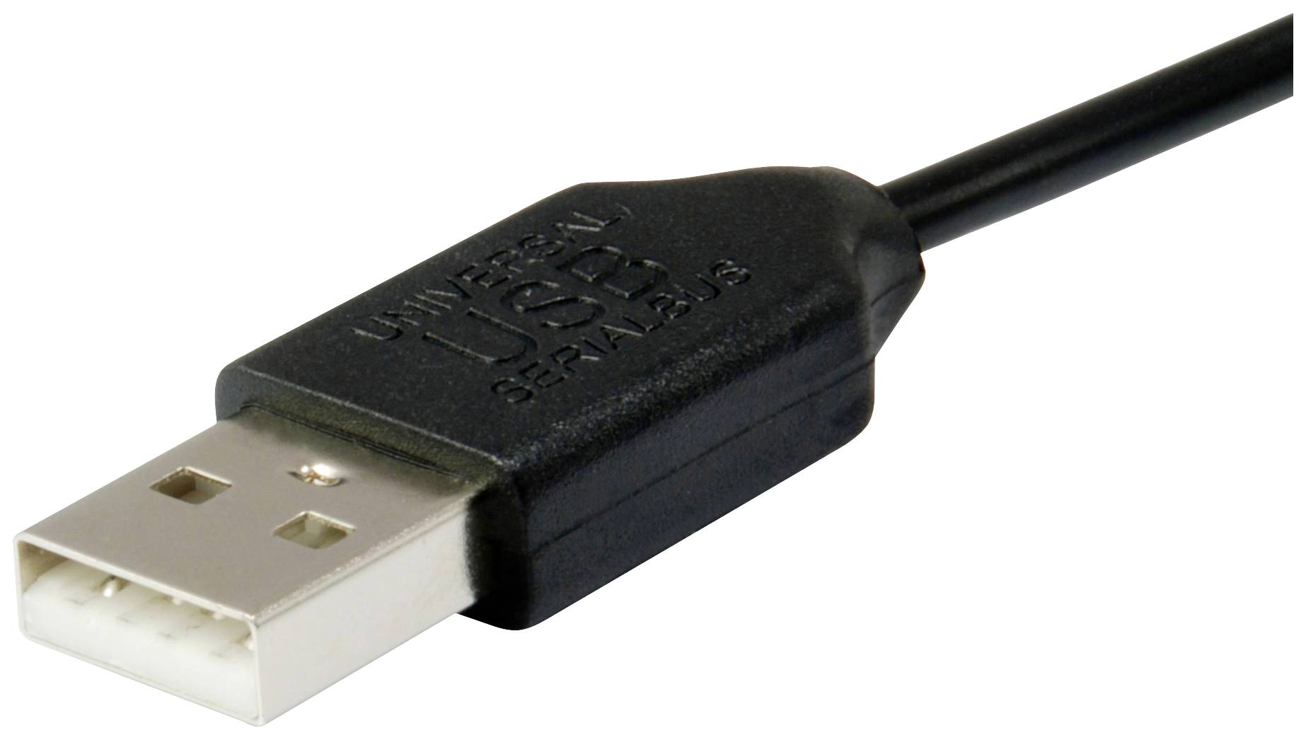 Ein schwarzes USB-Kabel mit rechteckigem Stecker zeigt die Aufschrift 'Universal Serial Bus'. Geeignet zum Anschluss von Geräten.