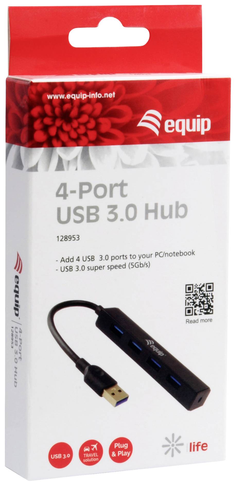 4-Port USB 3.0 Hub in Verpackung, geeignet zum Hinzufügen von 4 USB 3.0-Anschlüssen zu PC oder Notebook. Unterstützt 5Gb/s.