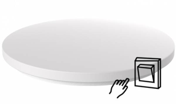 Runde, weiße Plattform mit einer Zeichnung einer Hand, die auf einen Kippschalter zeigt.