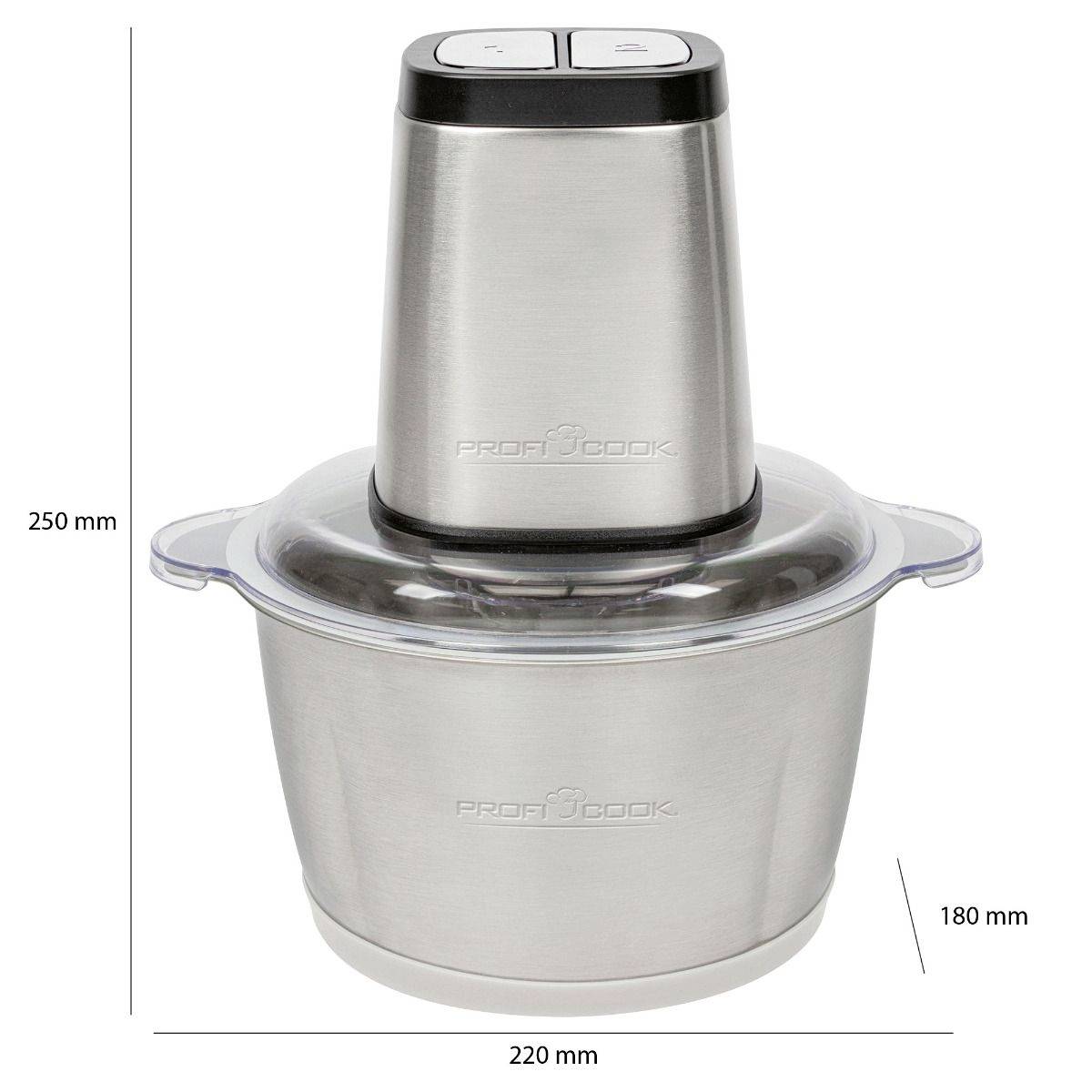 Kompakte Küchenmaschine aus Edelstahl mit transparentem Deckel; Höhe 250 mm, Durchmesser 220 mm; ideal für zerkleinern und mixen.