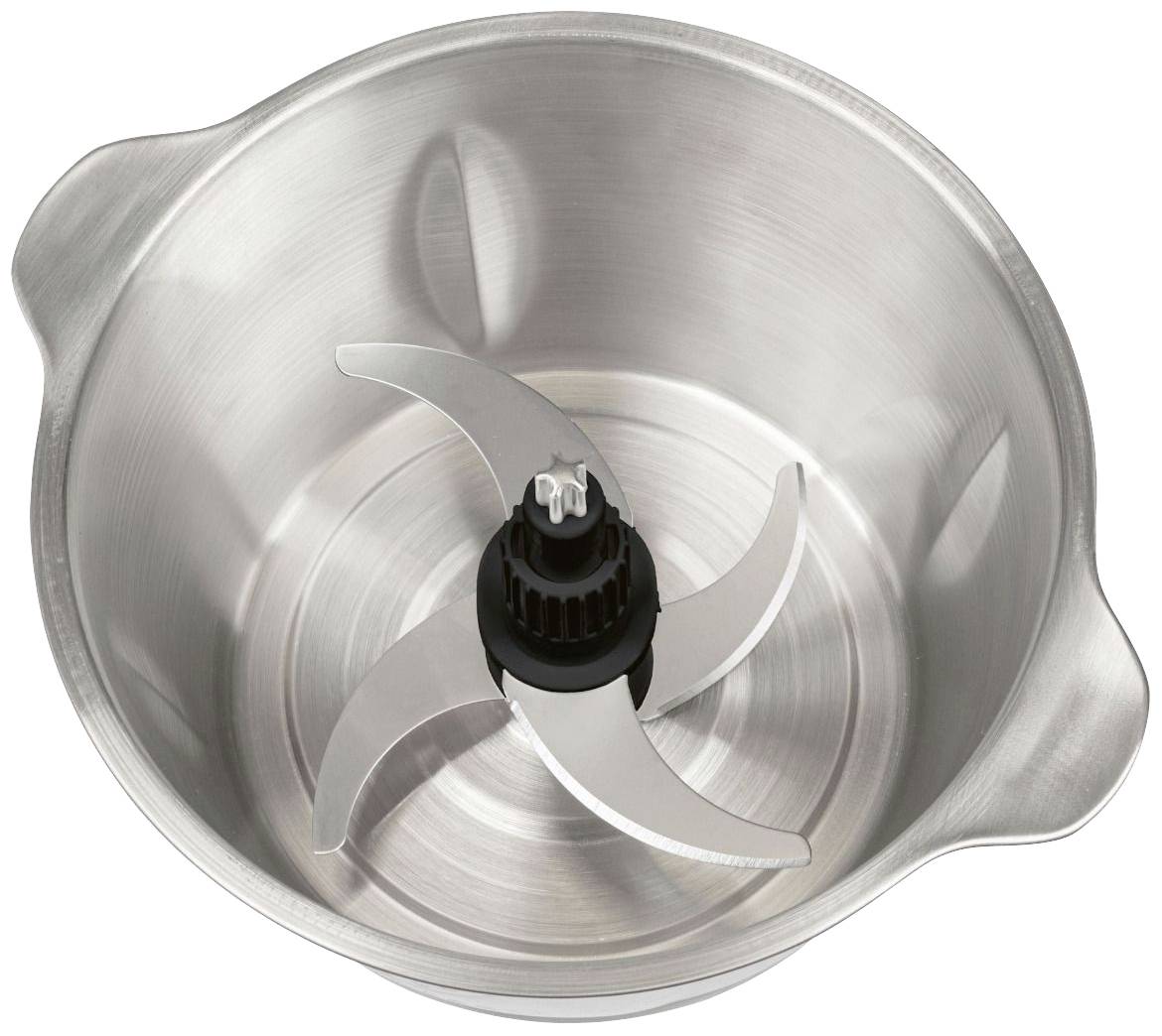 Ein Edelstahl-Mixbehälter mit drei scharfen Klingen, von oben betrachtet, geeignet für Zerkleinern und Pürieren von Zutaten.