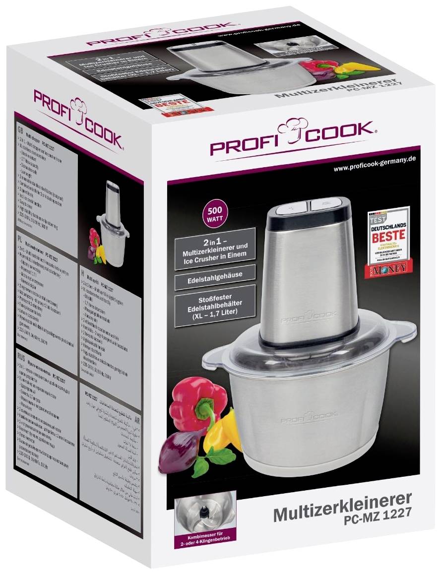 Die Verpackung zeigt einen Multi-Zerkleinerer aus Edelstahl von ProfiCook mit einem Fassungsvermögen von 1,2 Litern. Enthält ein 2-in-1 Gerät zum Zerkleinern und Eis-Crusher.