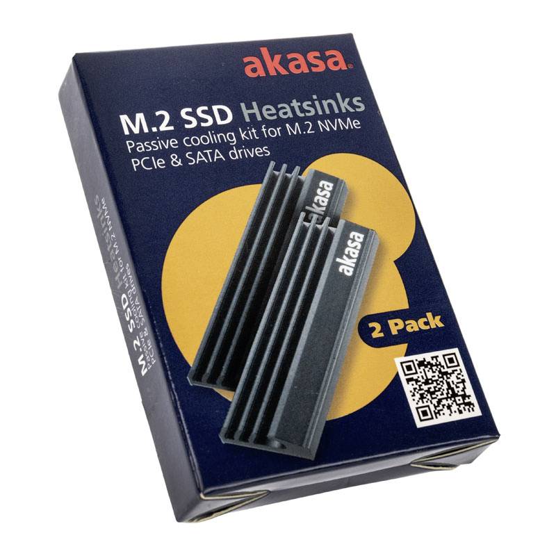 'Verpackung eines M.2 SSD-Kühlkörpers von akasa. Enthält zwei passive Kühlkörper für M.2 NVMe PCIe & SATA Laufwerke. 2er-Pack.'