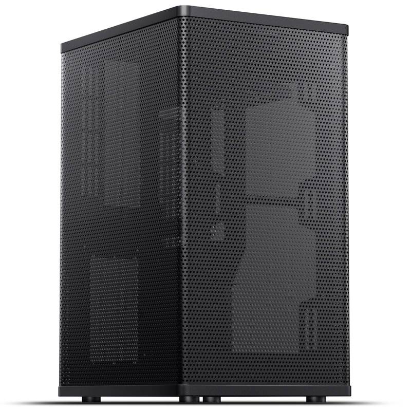 Ein schwarzes, rechteckiges Computergehäuse mit perforierten Seitenwänden, steht aufrecht, minimalistisch und modern gestaltet.