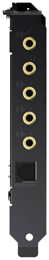 Schwarze Metallplatte mit goldenen Audioanschlüssen. Enthält vier 3,5-mm-Buchsen und einen optischen Ausgang.