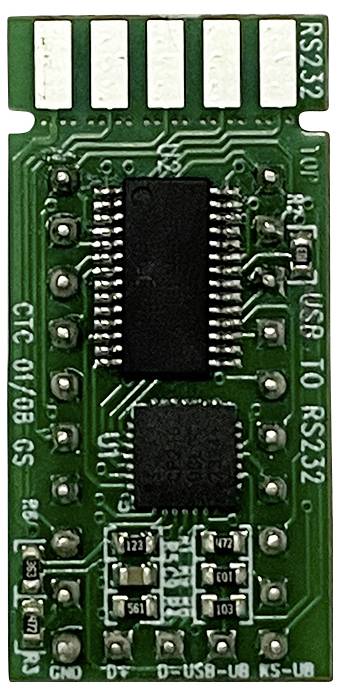 Eine grüne Leiterplatte mit mehreren Mikrochips und silbernen Verbindungspunkten, möglicherweise ein Konverter oder Adapter-Modul.