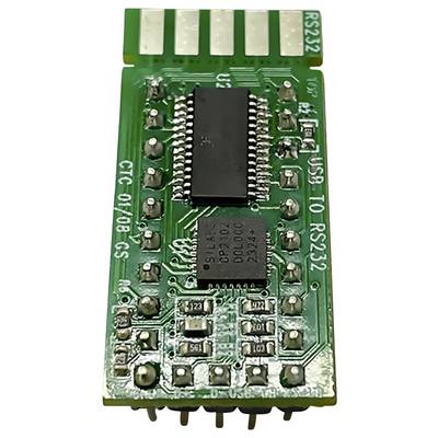 Eine grüne elektronische Leiterplatte mit mehreren silbernen Pins, Mikrochips und einem USB-Anschluss.