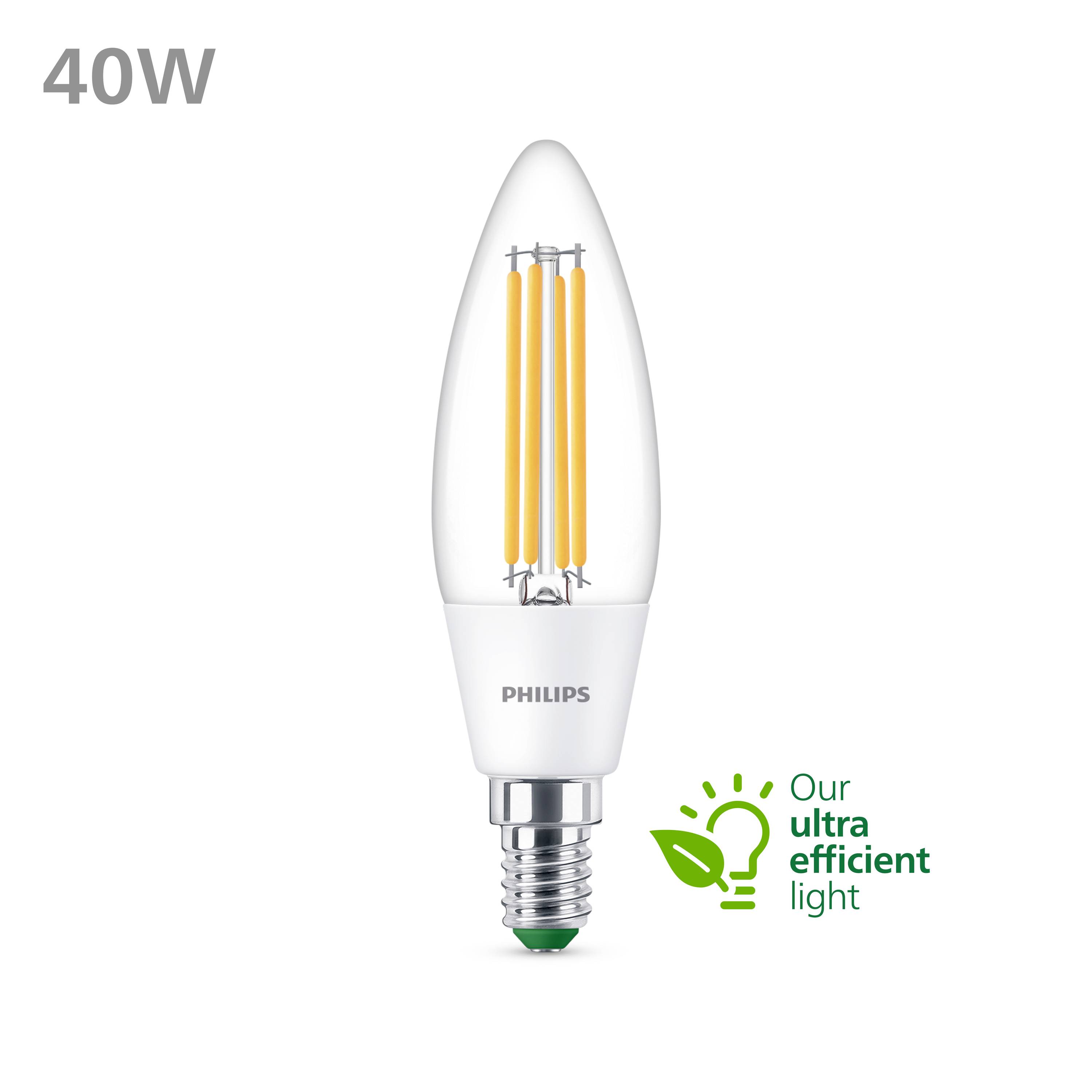 Eine 40W Philips LED-Kerzenlampe mit Filament. Logo zeigt 'Our ultra efficient light', symbolisiert Energieeffizienz.