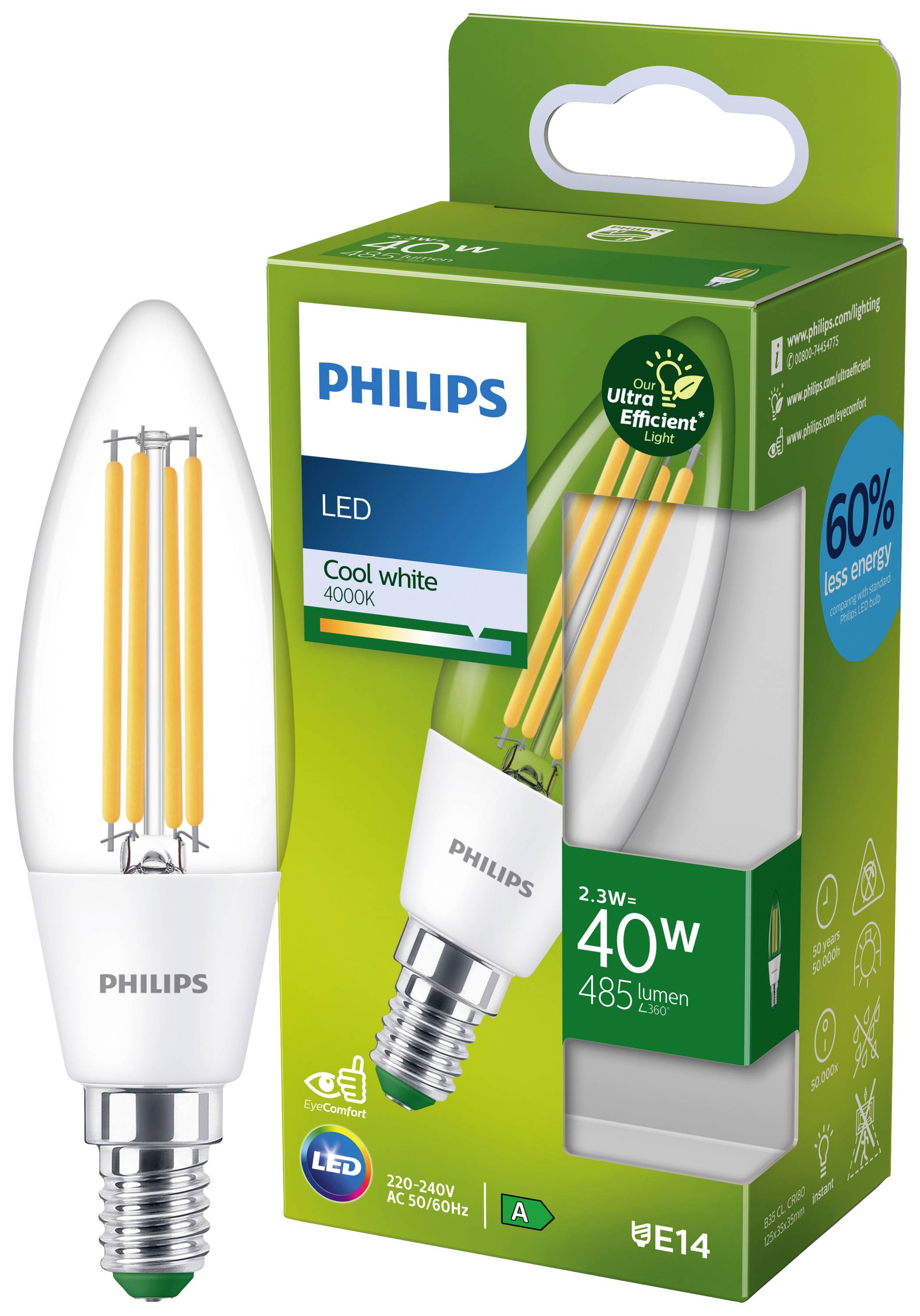 'Philips LED-Glühbirne, 40W, E14, 4000K (Cool White), energiesparend, 60% weniger Verbrauch, 485 Lumen' und Verpackung abgebildet.