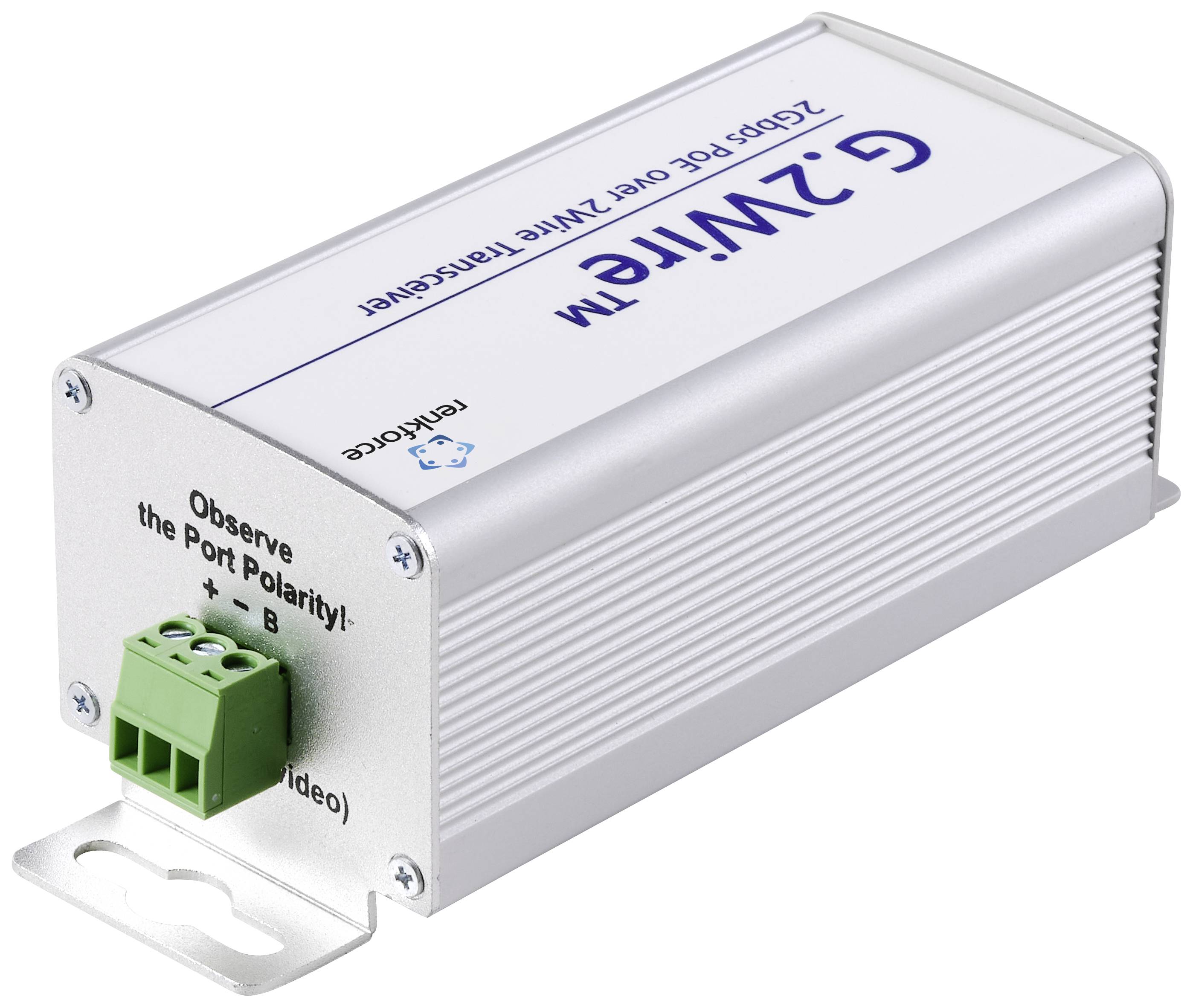 Ein silbernes Elektronikgerät mit der Aufschrift 'G.2WiTM', Anschlüsse auf der Vorderseite und Hinweis 'Observe the Port Polarity!'.