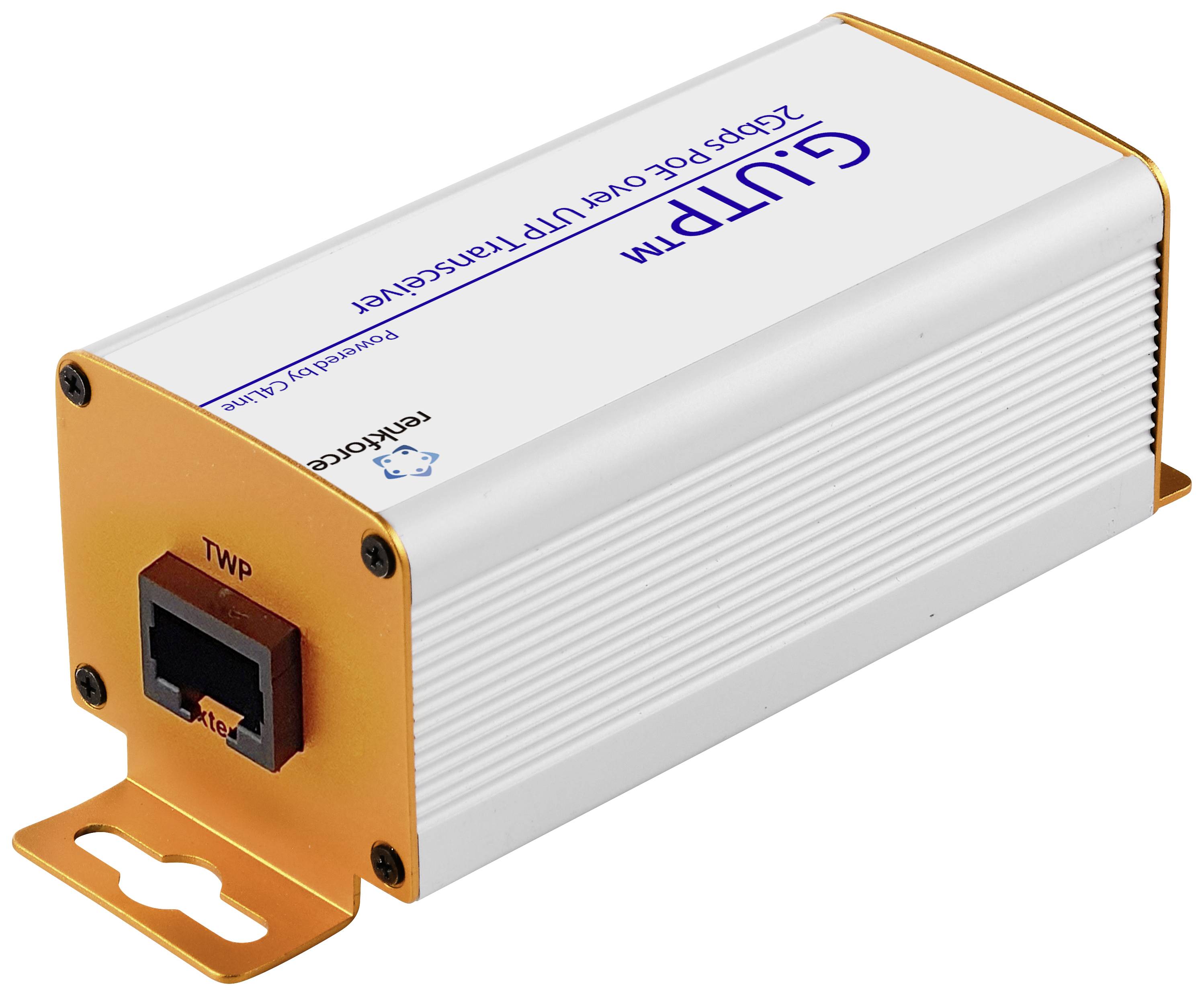 Ein orange-weißes Netzwerkgerät mit der Aufschrift 'GUF-RM 250kpbs PoE over UTP Transceiver'; zeigt einen Netzwerkanschluss.
