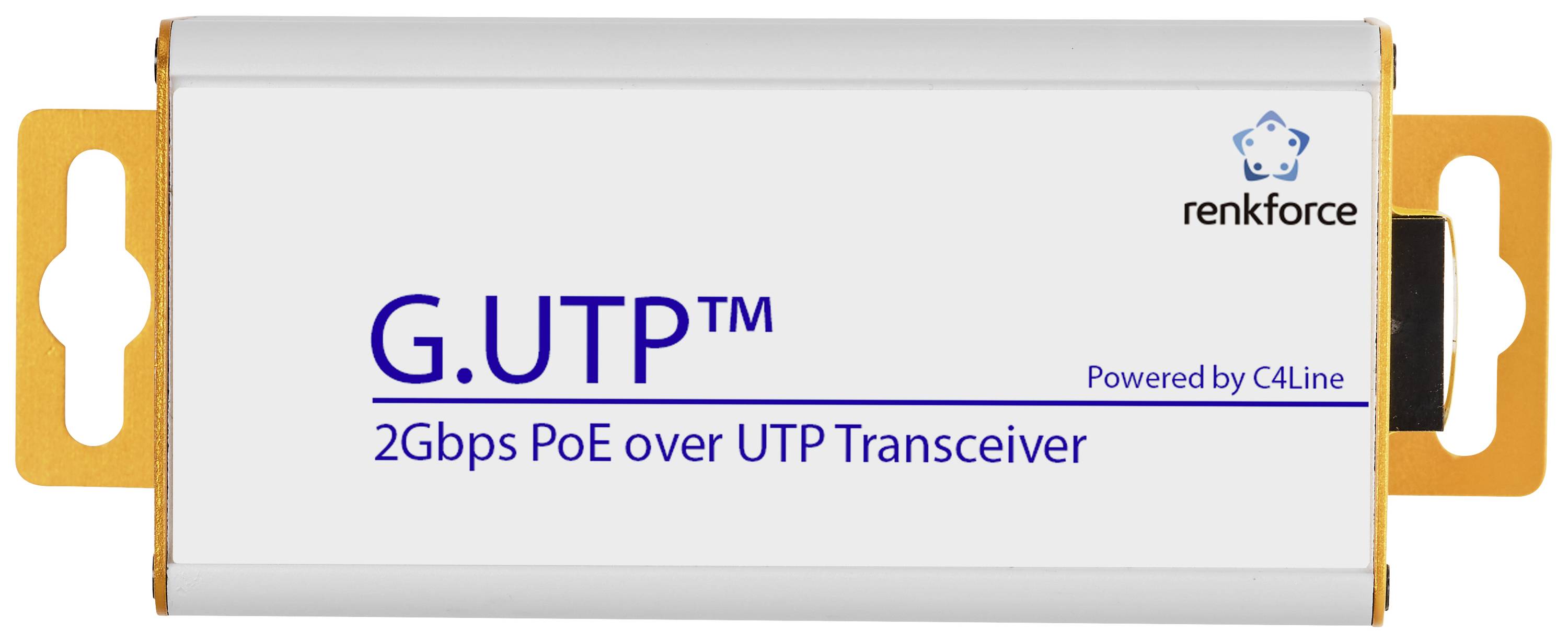 'G.UTP 2Gbps PoE over UTP Transceiver, Powered by C4Line, renkforce' steht auf einem weißen Gerät mit goldfarbenen Halterungen.