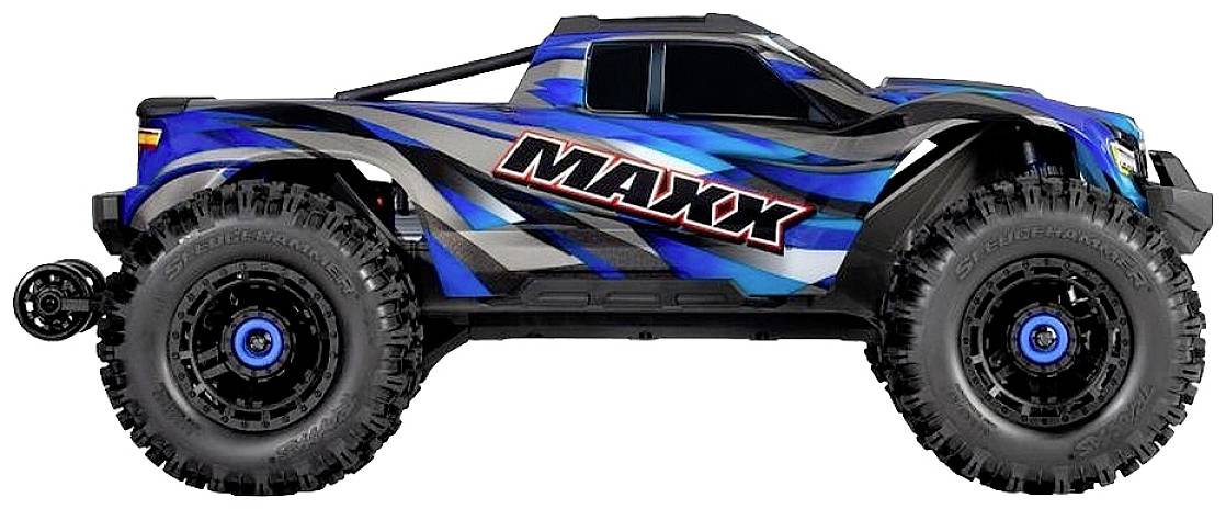 Blau-schwarzes ferngesteuertes Auto mit der Aufschrift 'MAXX' an der Seite, große Geländereifen.