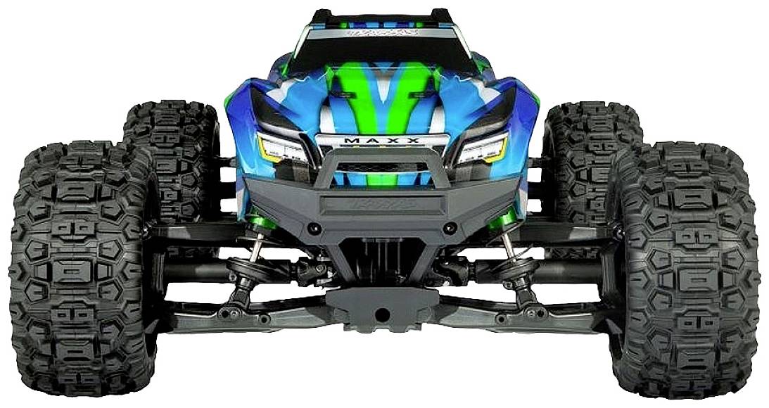 Blau-grünes ferngesteuertes Auto mit robusten, breiten Reifen, geeignet für Offroad-Fahrten.