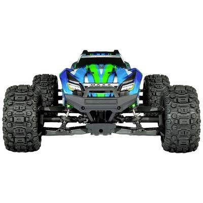 Blau-grünes ferngesteuertes Auto mit robusten, breiten Reifen, geeignet für Offroad-Fahrten.