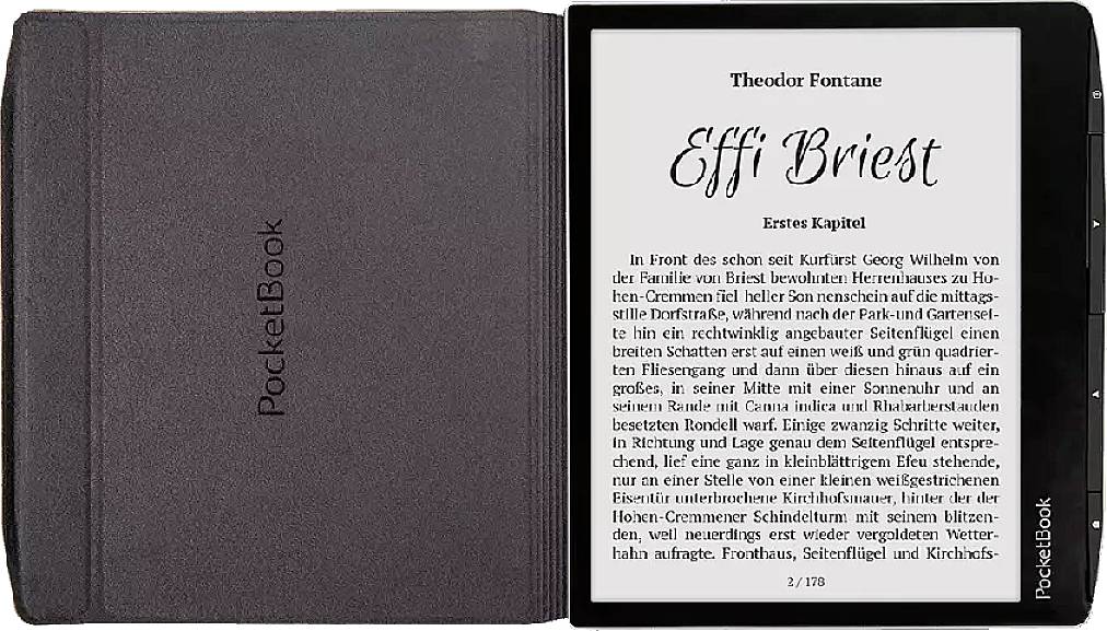 Elektronisches Lesegerät mit dem Buch 'Effi Briest' von Theodor Fontane. Geöffnetes Buch mit sichtbarem Text auf der rechten Seite.