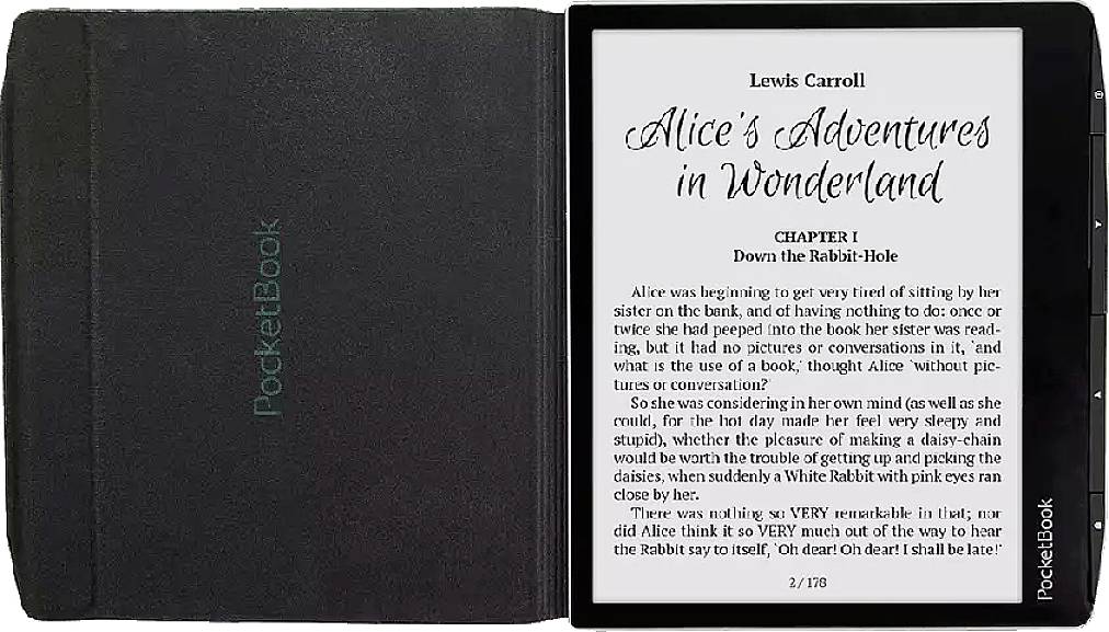 Eine E-Reader-Seite zeigt 'Alice's Adventures in Wonderland' von Lewis Carroll, Kapitel 1: 'Down the Rabbit-Hole.'