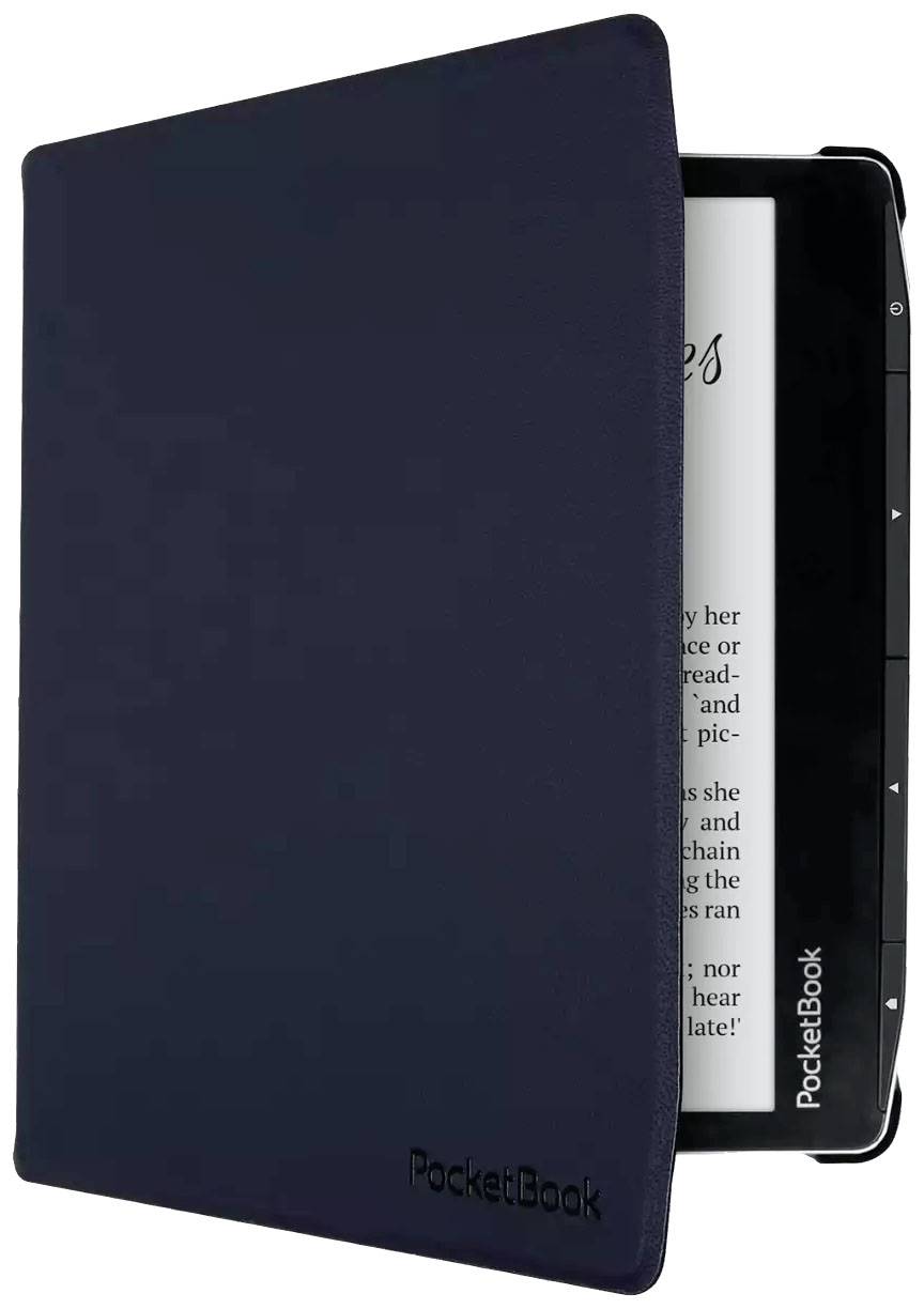 Ein dunkelblaues E-Reader-Cover, teils geöffnet, zeigt den E-Reader mit Text auf dem Bildschirm und dem Logo 'PocketBook' an der Seite.