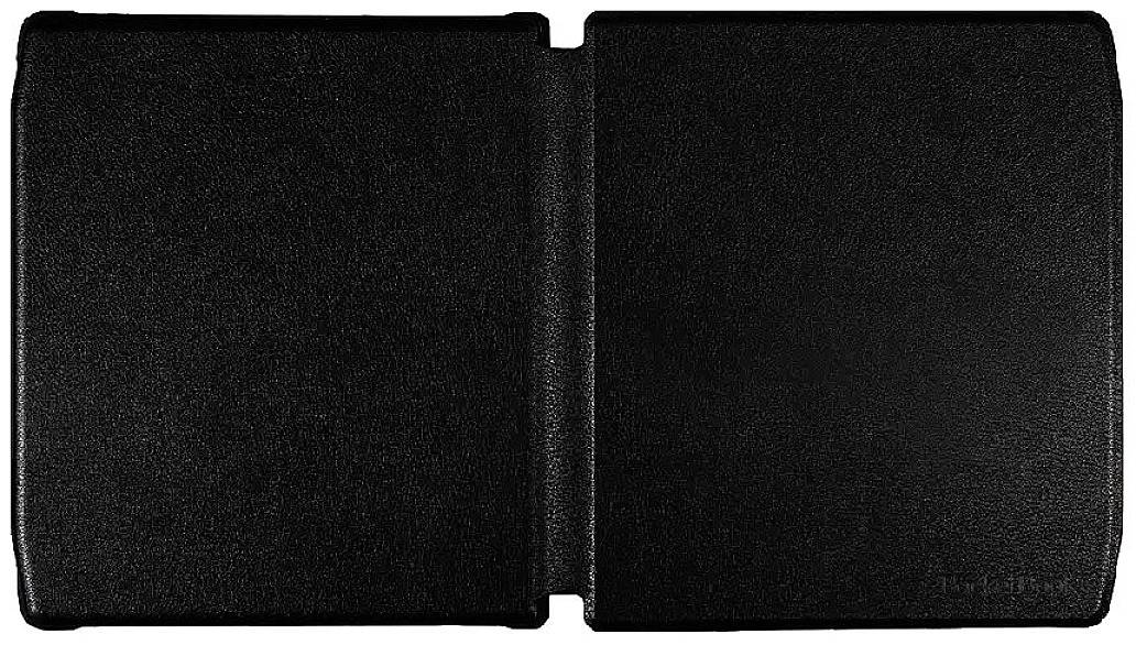 Schwarzes, leeres Buchcover aus Leder geöffnet; die Textur ist deutlich sichtbar.