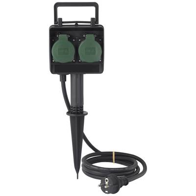 Eine schwarze Gartensteckdose mit zwei grünen Schutzkontakt-Dosen, Erdspieß und langem Kabel, geeignet für den Außenbereich.