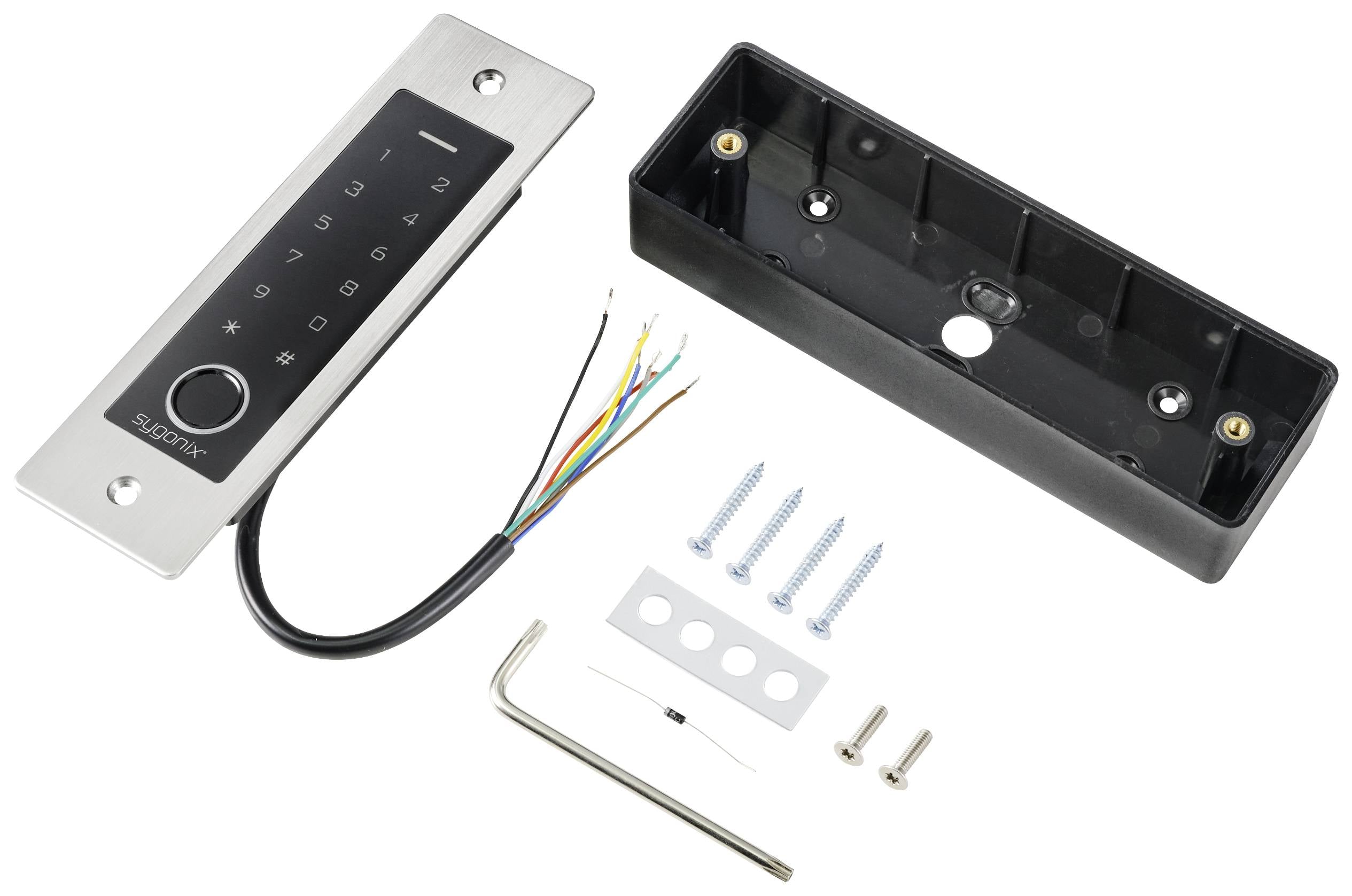 Elektronisches Türschloss mit Touchpad, Drähten, Montageplatte, Schrauben und Innensechskantschlüssel; Komponenten zur Installation dargestellt.