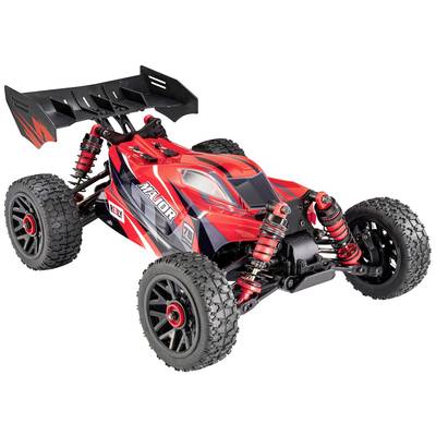 Ein rotes ferngesteuertes Auto mit großen Reifen und Spoiler. Darauf steht: 'Major'. Geeignet für Offroad-Rennen.
