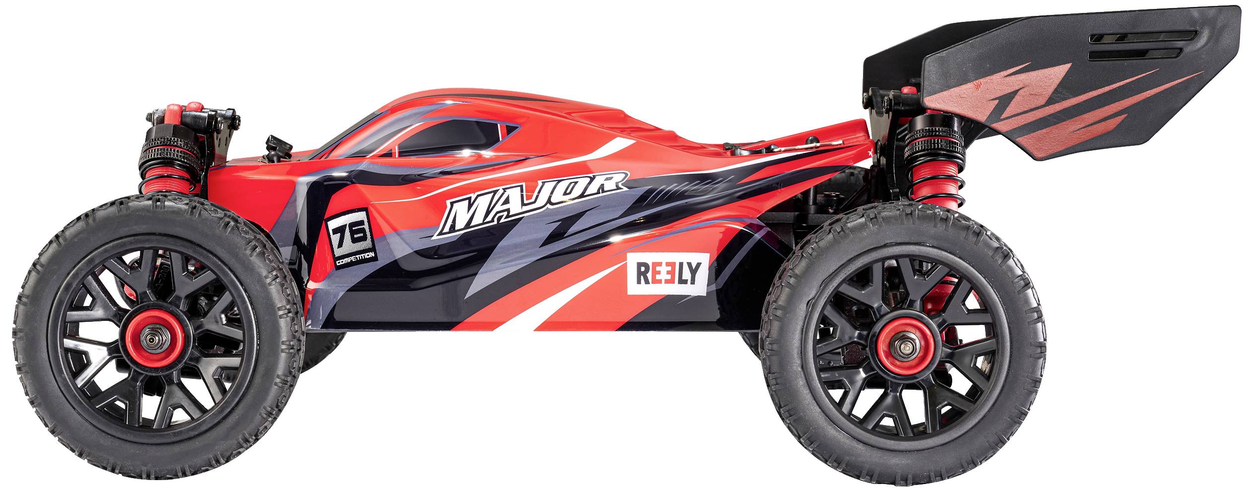 RC-Auto in Rot und Schwarz mit aerodynamischem Design und großen Offroad-Reifen, Aufschrift 'MAJOR' an der Seite.
