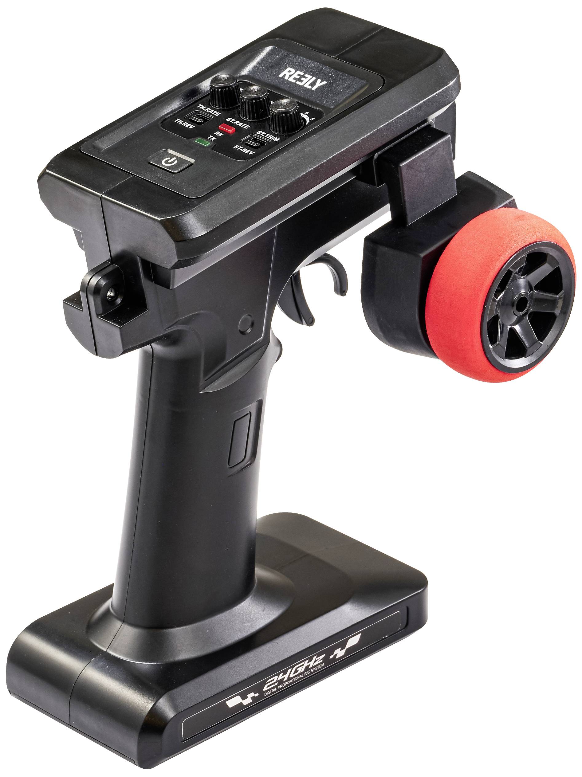 Schwarzer Fernsteuerungshandgriff mit roten Knopf, Tasten und einem digitalen Display. Wird für die Steuerung von RC-Modellen verwendet.