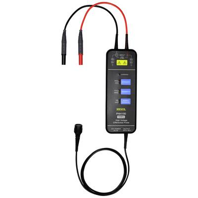 Differentialtastkopf Rigol PHA1150 mit roten und schwarzen Kabeln zur Messung elektrischer Signale. Zeigt Eingangs- und Ausgangsanschlüsse.