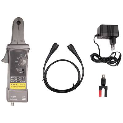 Strommesszange von Rigol mit zugehörigem Netzadapter, zwei Kabeln und Anschlussstecker; geeignet für elektrische Messungen.