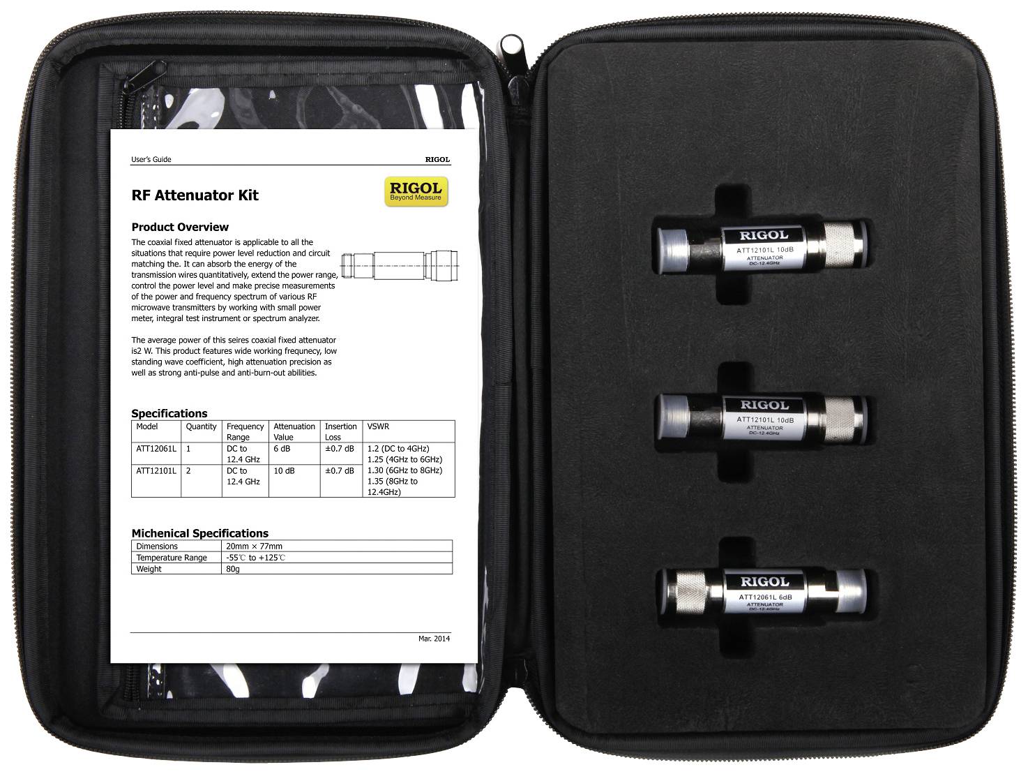 'RF-Attenuator-Kit von Rigol': Geöffnetes Etui mit drei Attenuatoren und einem Bedienungshandbuch. Spezifikationen sind abgebildet.