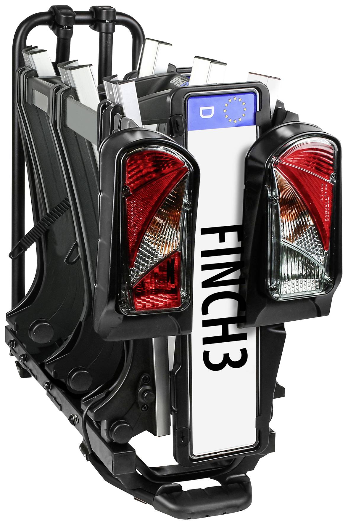 Zusammengeklappter Fahrradträger mit roten Rücklichtern und einem Nummernschild mit der Aufschrift 'FINCH3'.