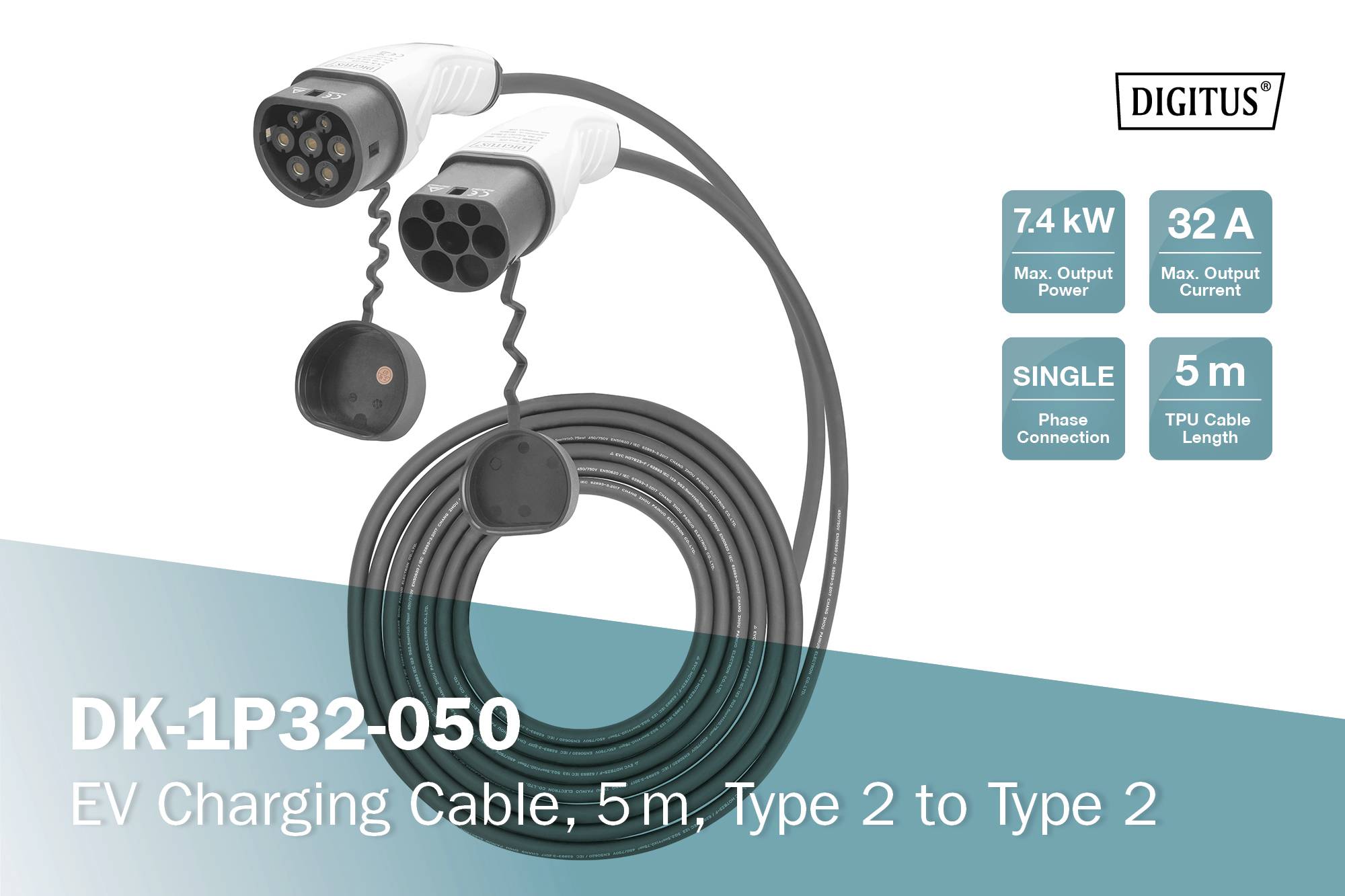 EV-Ladekabel, 5 m, Typ 2 zu Typ 2. Maximale Ausgangsleistung 7,4 kW, Strom 32 A, Einzelphasenanschluss. Marke 'DIGITUS'.